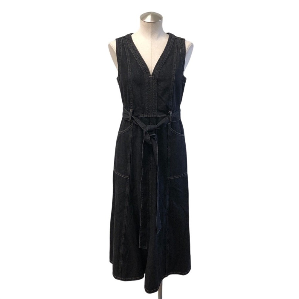 Sundance Denim Dress Women 4 Petite Black Sleeveless V-Neck Belted Midi Pocket